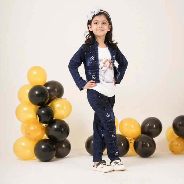 Girls Denim Jacket & Jeans Coord Set with Cartoon Tee – Stylish Kidswear