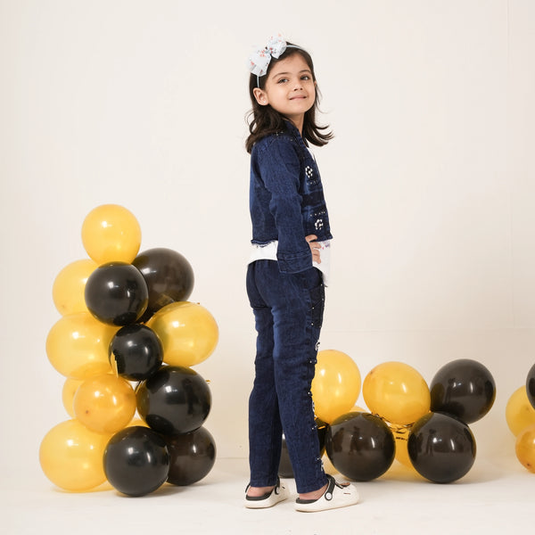 Girls Denim Jacket & Jeans Coord Set with Cartoon Tee – Stylish Kidswear