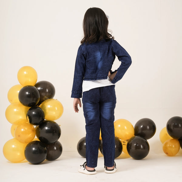 Girls Denim Jacket & Jeans Coord Set with Cartoon Tee – Stylish Kidswear