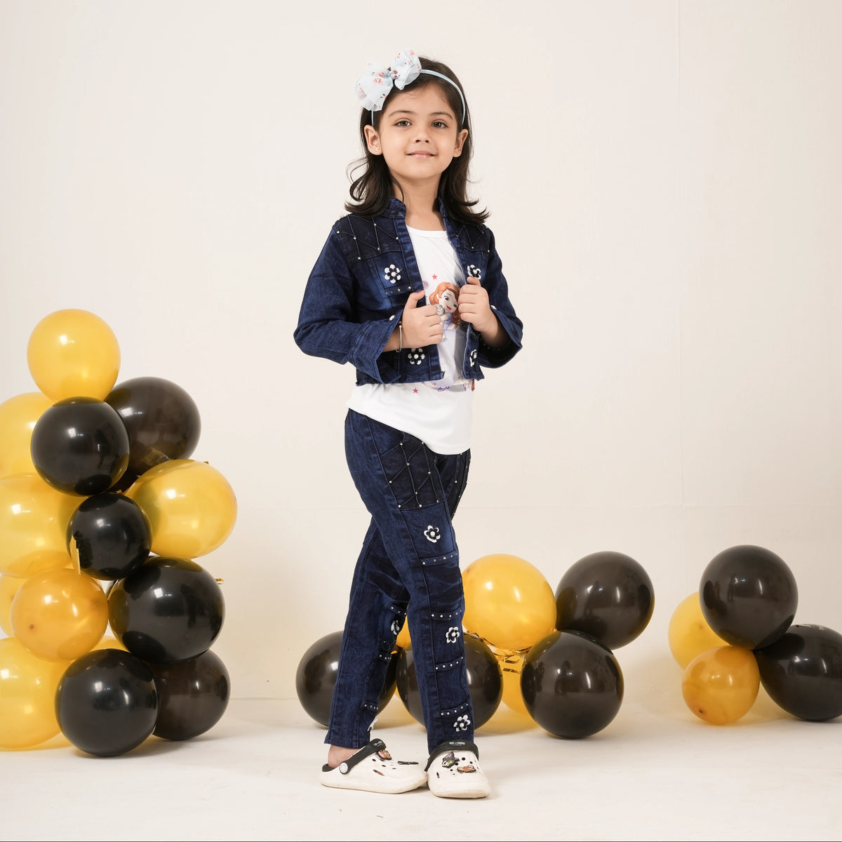 Girls Denim Jacket & Jeans Coord Set with Cartoon Tee – Stylish Kidswear - image 1