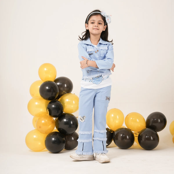 Girls Light Blue Denim Jacket & Flared Pants Coord Set – Stylish Kidswear