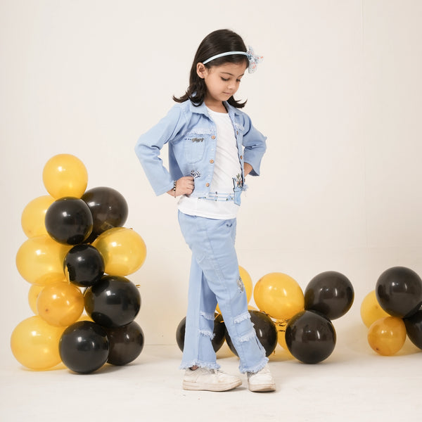 Girls Light Blue Denim Jacket & Flared Pants Coord Set – Stylish Kidswear
