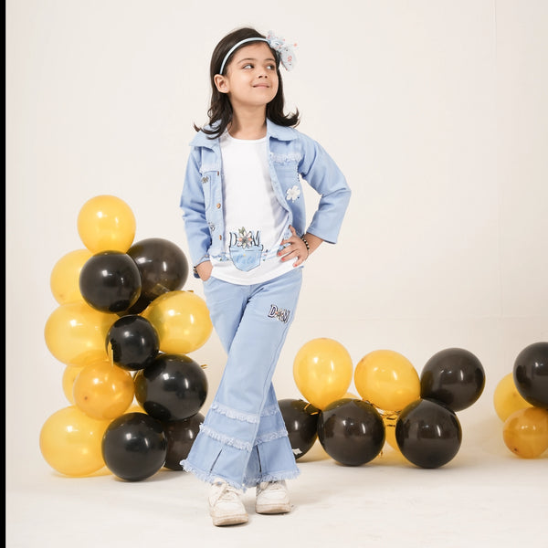 Girls Light Blue Denim Jacket & Flared Pants Coord Set – Stylish Kidswear