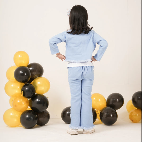 Girls Light Blue Denim Jacket & Flared Pants Coord Set – Stylish Kidswear