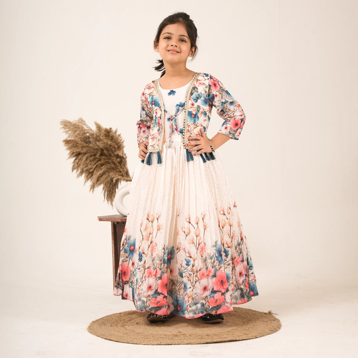 Girls Floral Printed Ethnic Dress with Jacket – Party & Festive Wear