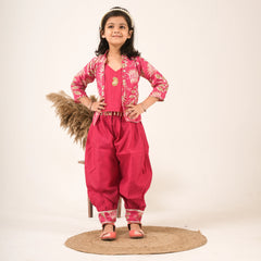 Girls Maroon Dhoti Style Ethnic Set with Jacket – Party & Festive Wear
