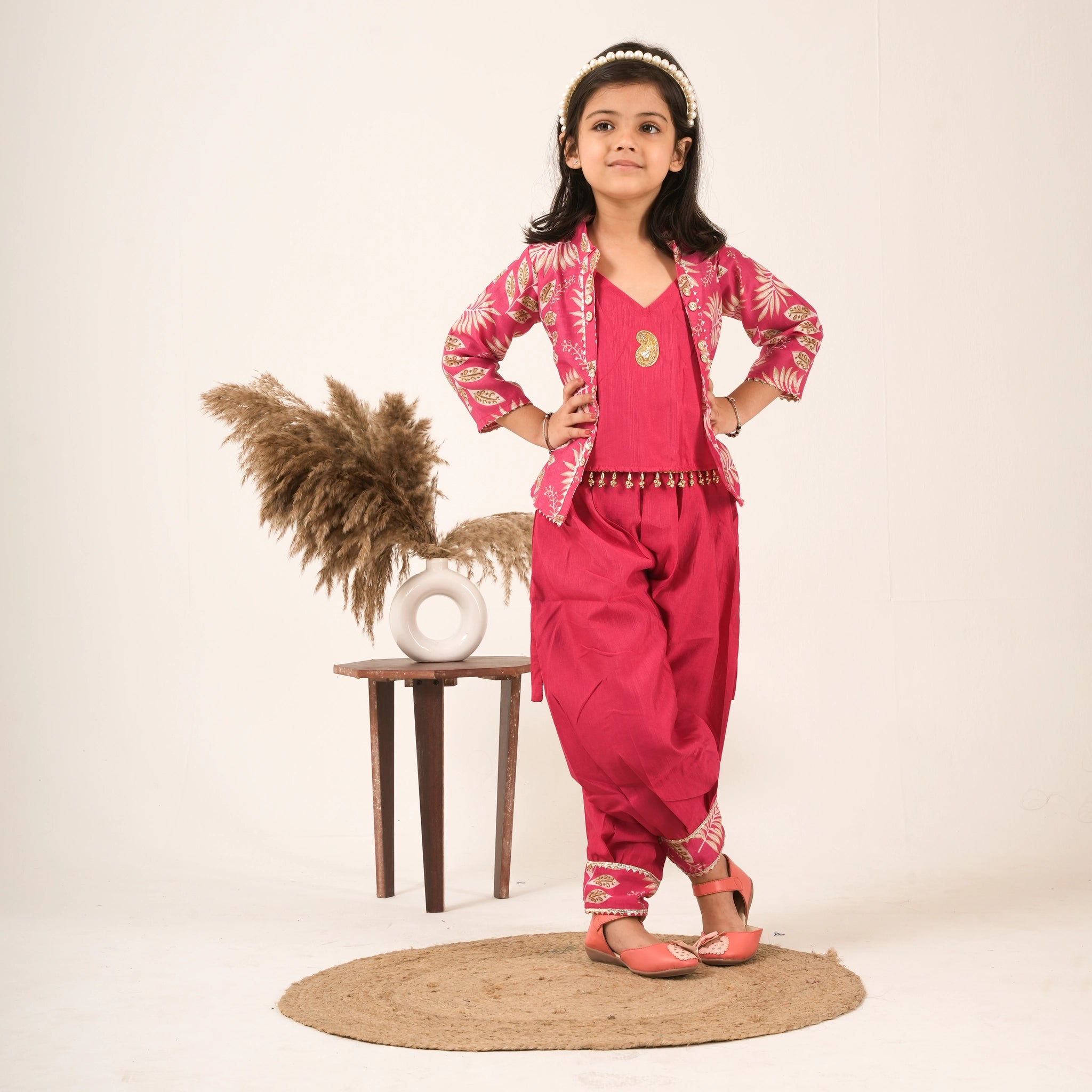 Girls Maroon Dhoti Style Ethnic Set with Jacket – Party & Festive Wear