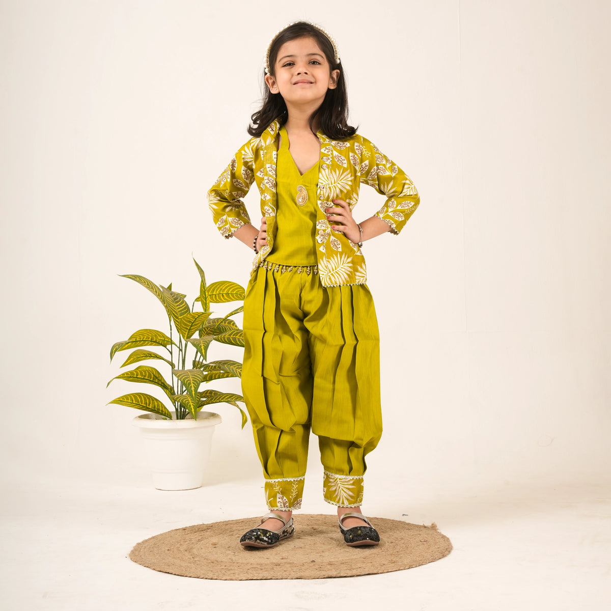 Girls Green Dhoti Style Ethnic Set with Jacket – Party & Festive Wear - image 1