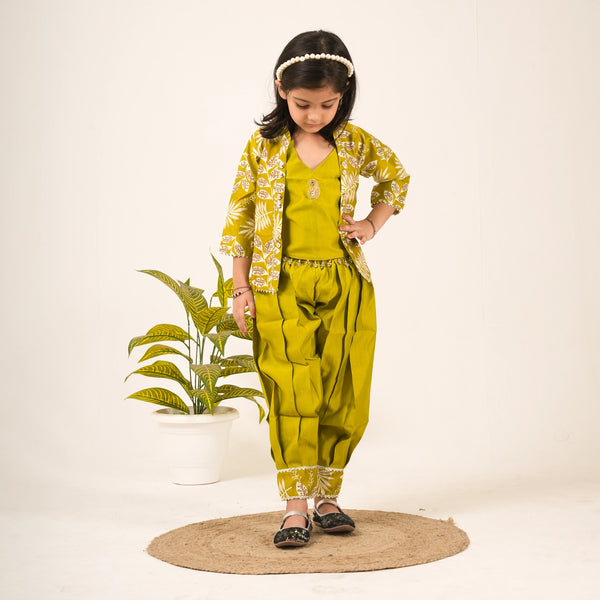 Girls Green Dhoti Style Ethnic Set with Jacket – Party & Festive Wear
