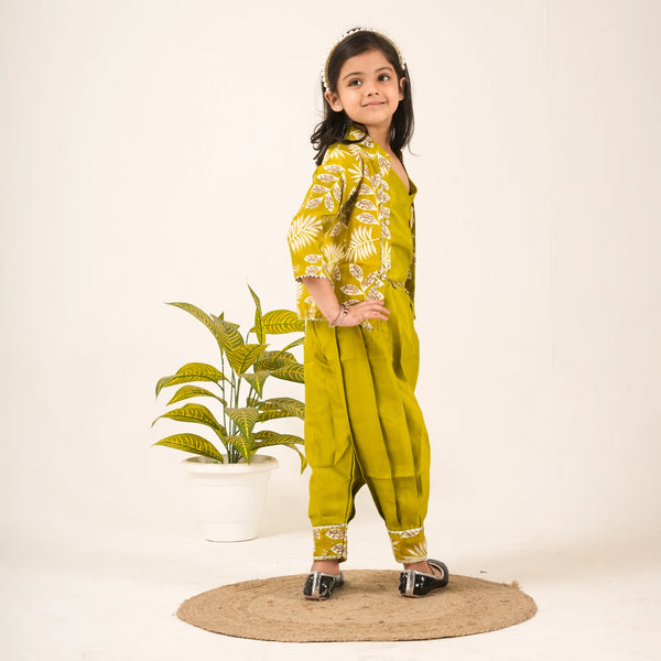 Girls Green Dhoti Style Ethnic Set with Jacket – Party & Festive Wear