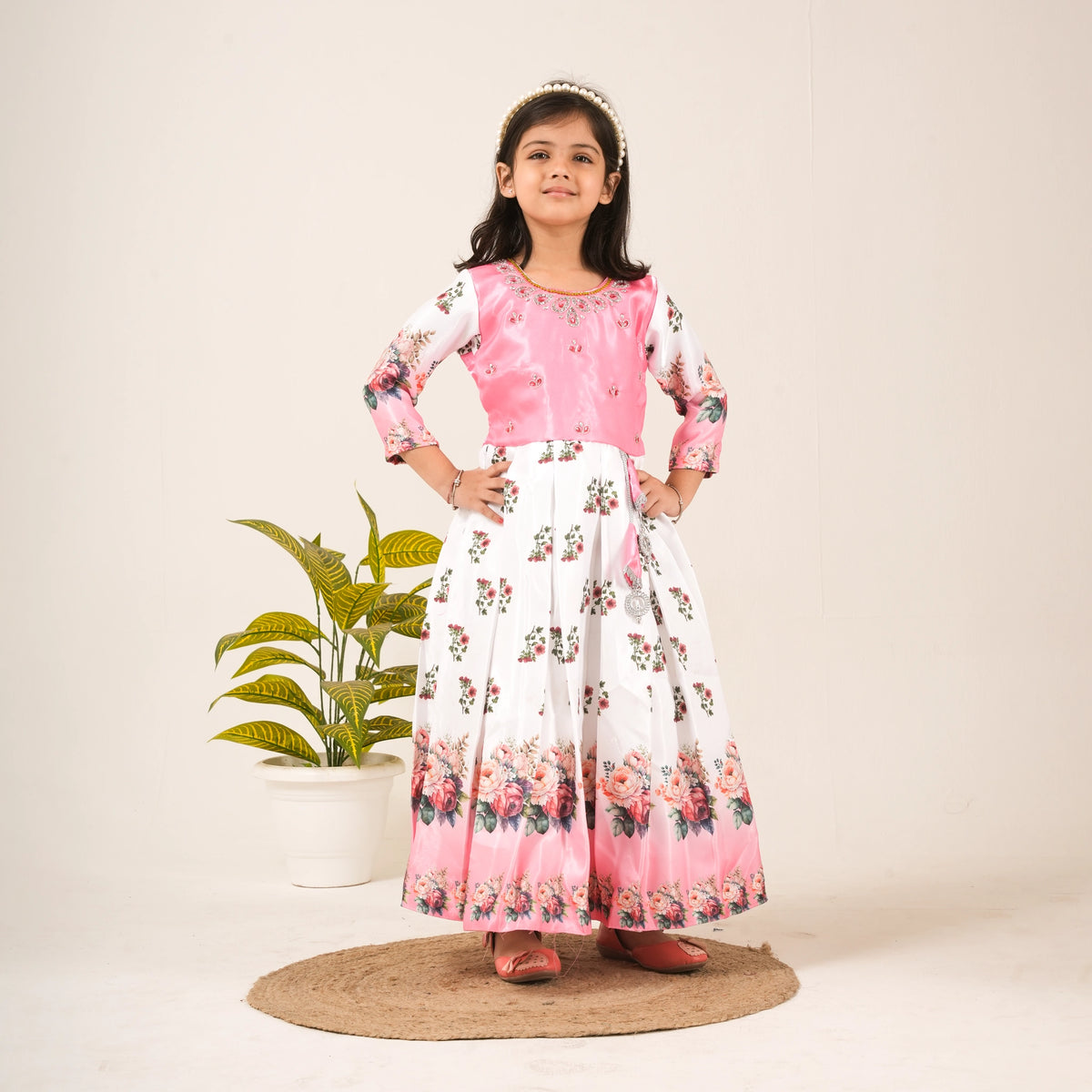Girls Pink Floral Gown – Party Wear & Festive Ethnic Dress - image 1