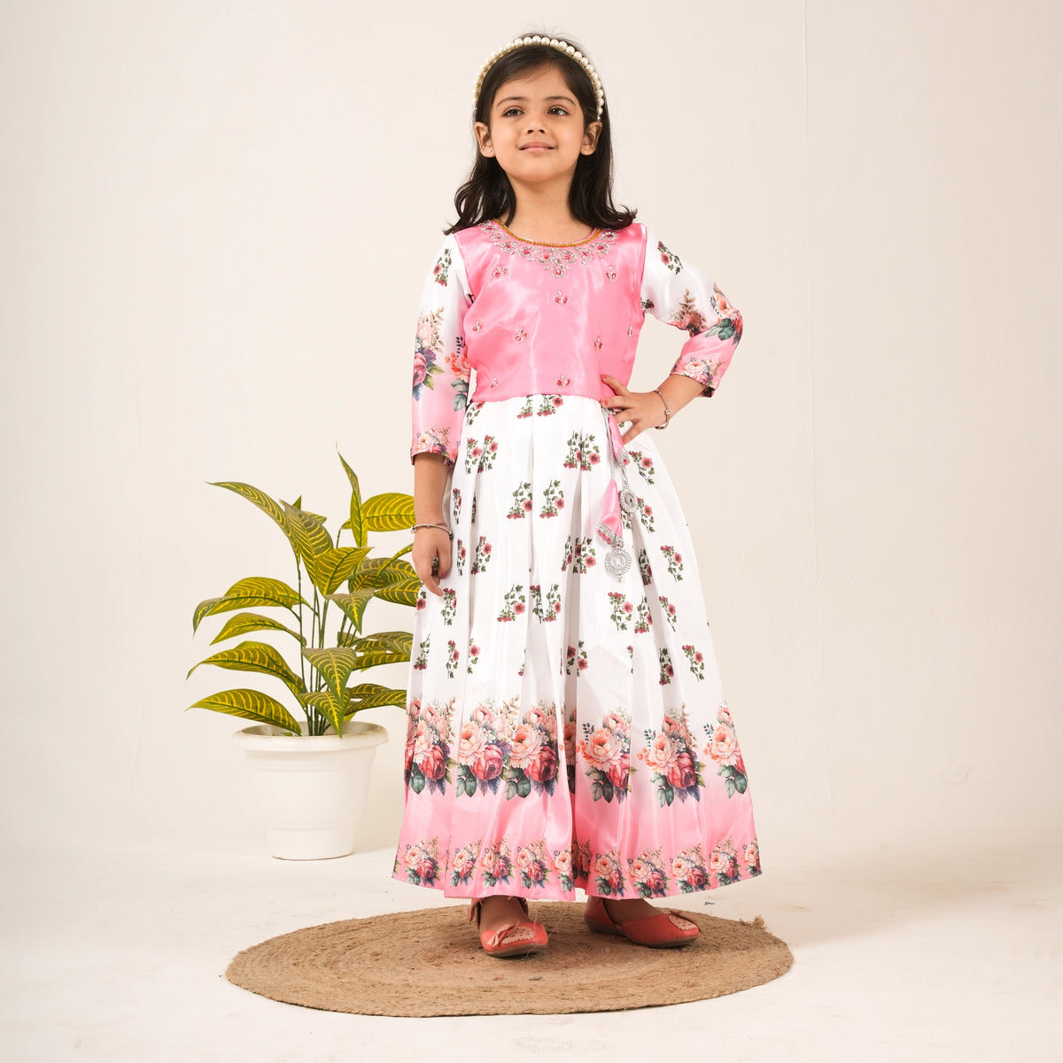 Girls Pink Floral Gown – Party Wear & Festive Ethnic Dress