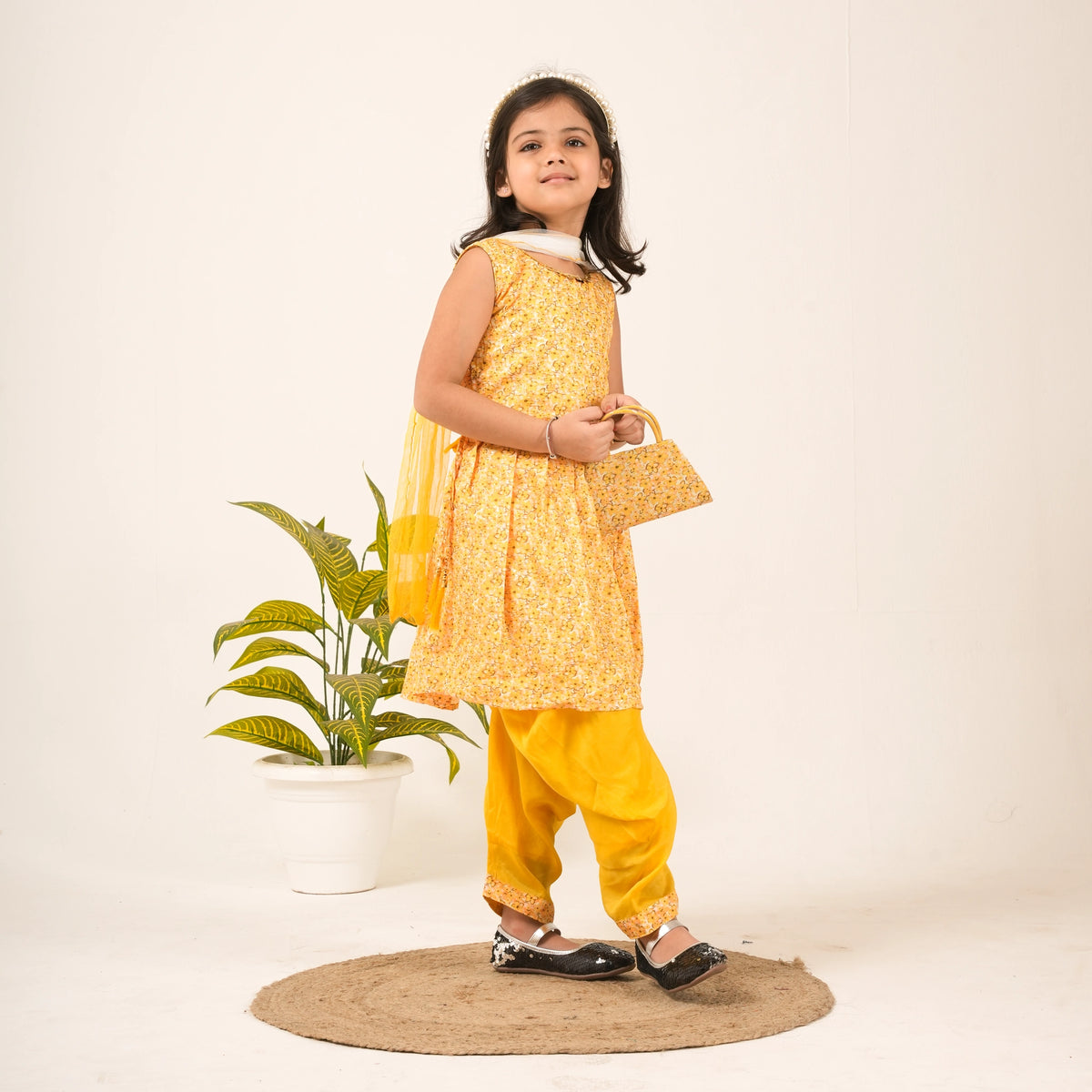 Girls Yellow Salwar Suit with Dupatta & Purse – Festive & Party Wear