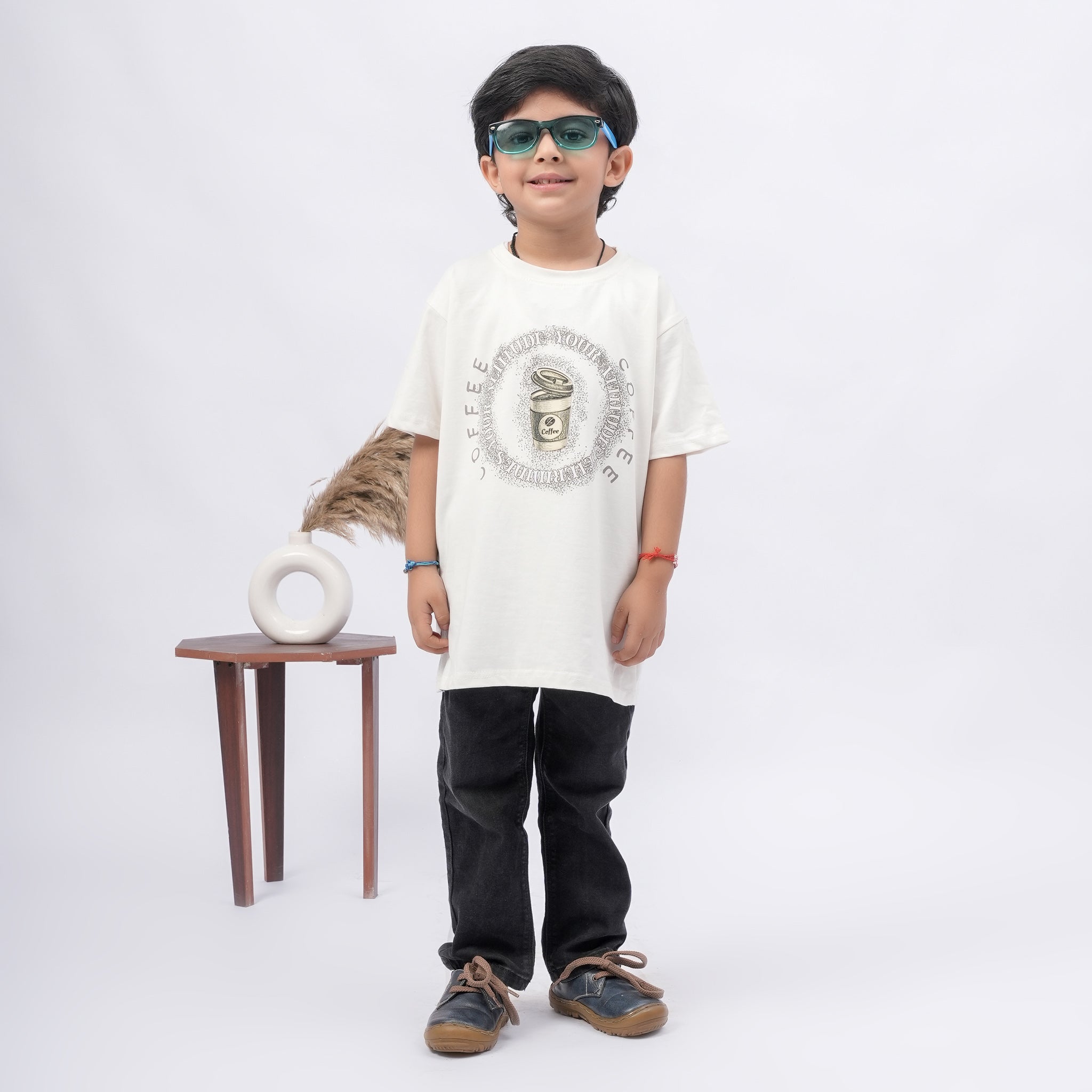 Coffee Print T-Shirt for Boys – White, Black & Grey