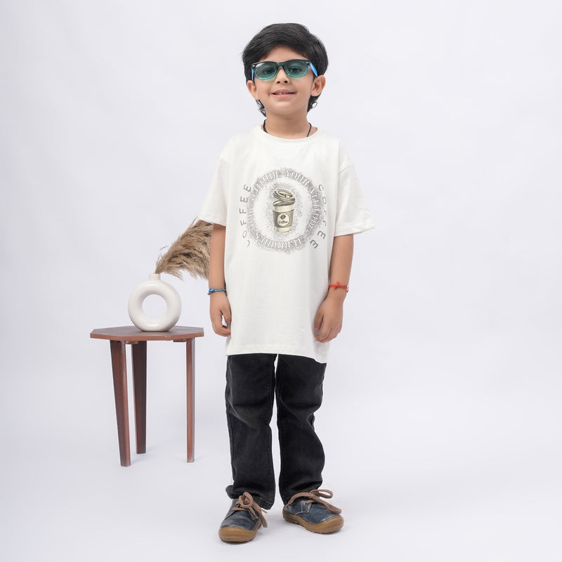 Coffee Print T-Shirt for Boys – White, Black & Grey