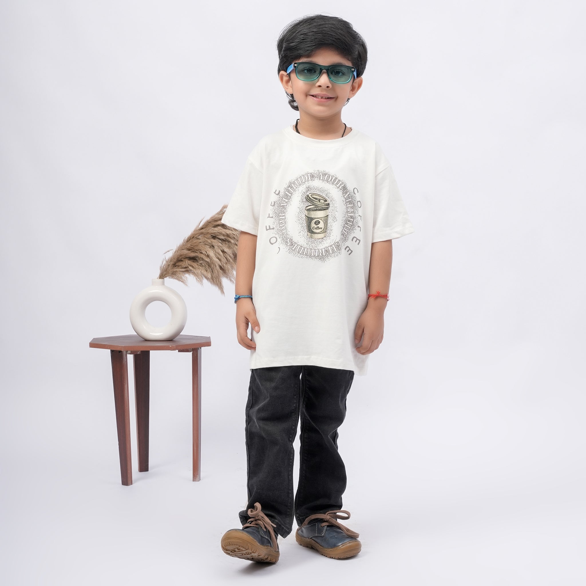 Coffee Print T-Shirt for Boys – White, Black & Grey