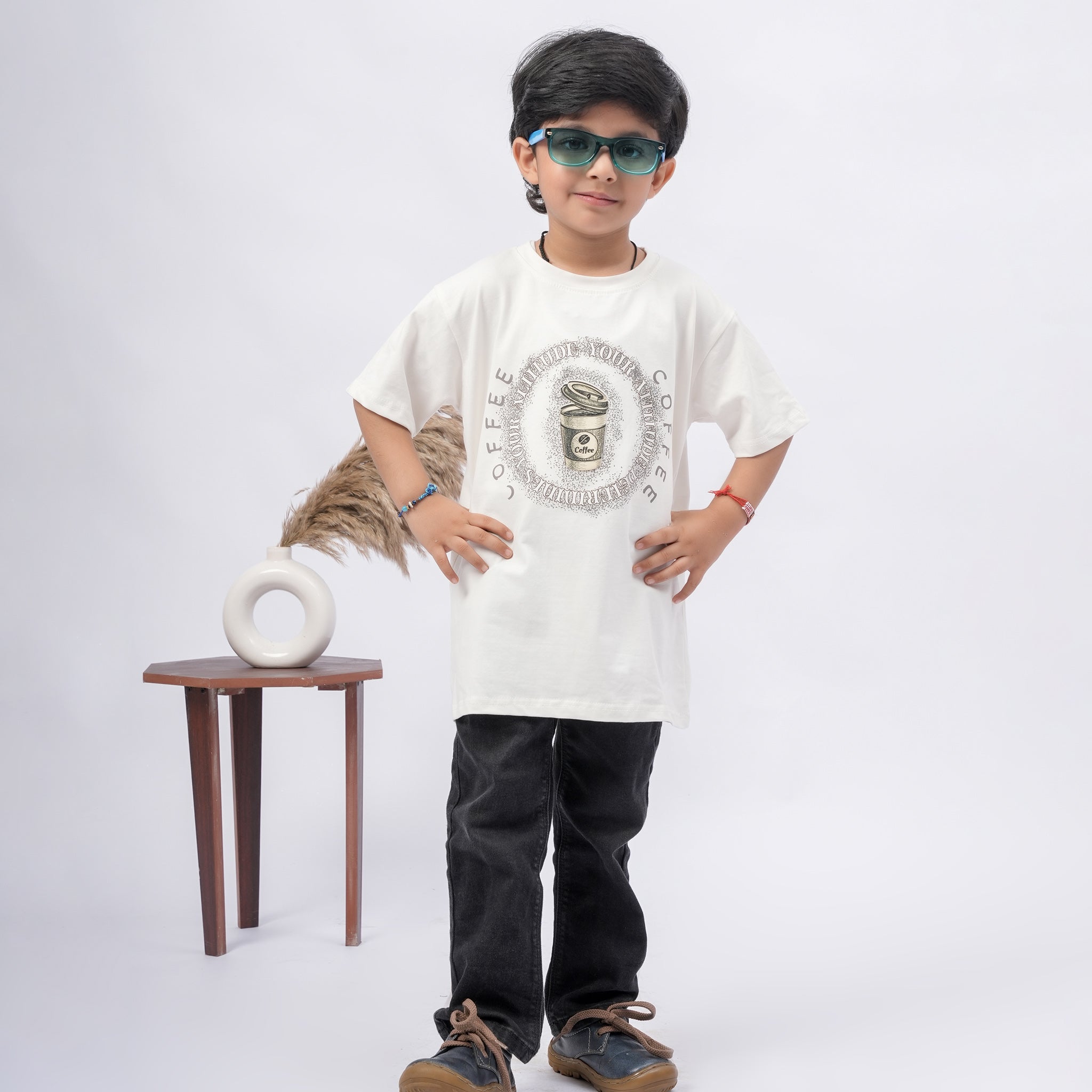Coffee Print T-Shirt for Boys – White, Black & Grey