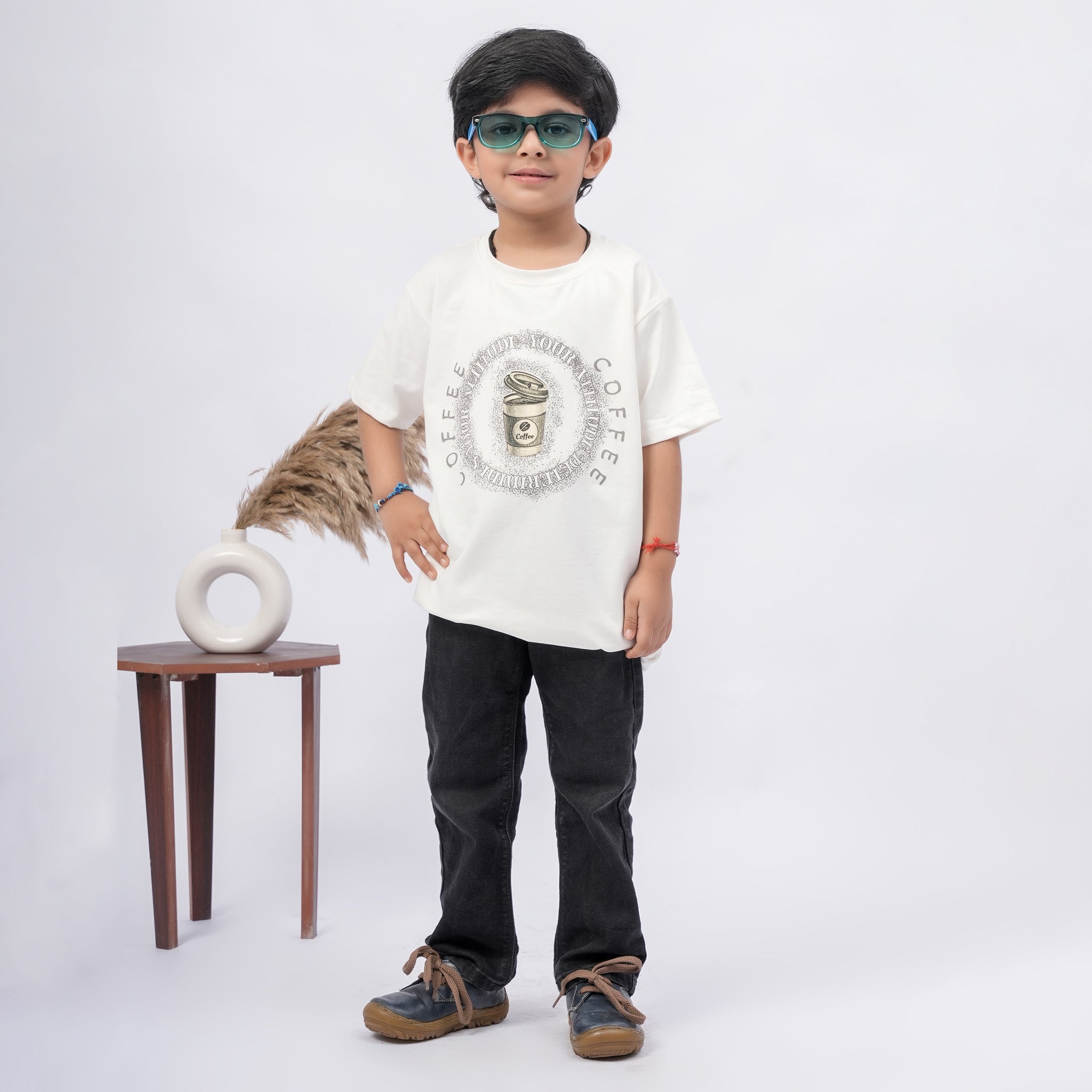Coffee Print T-Shirt for Boys – White, Black & Grey