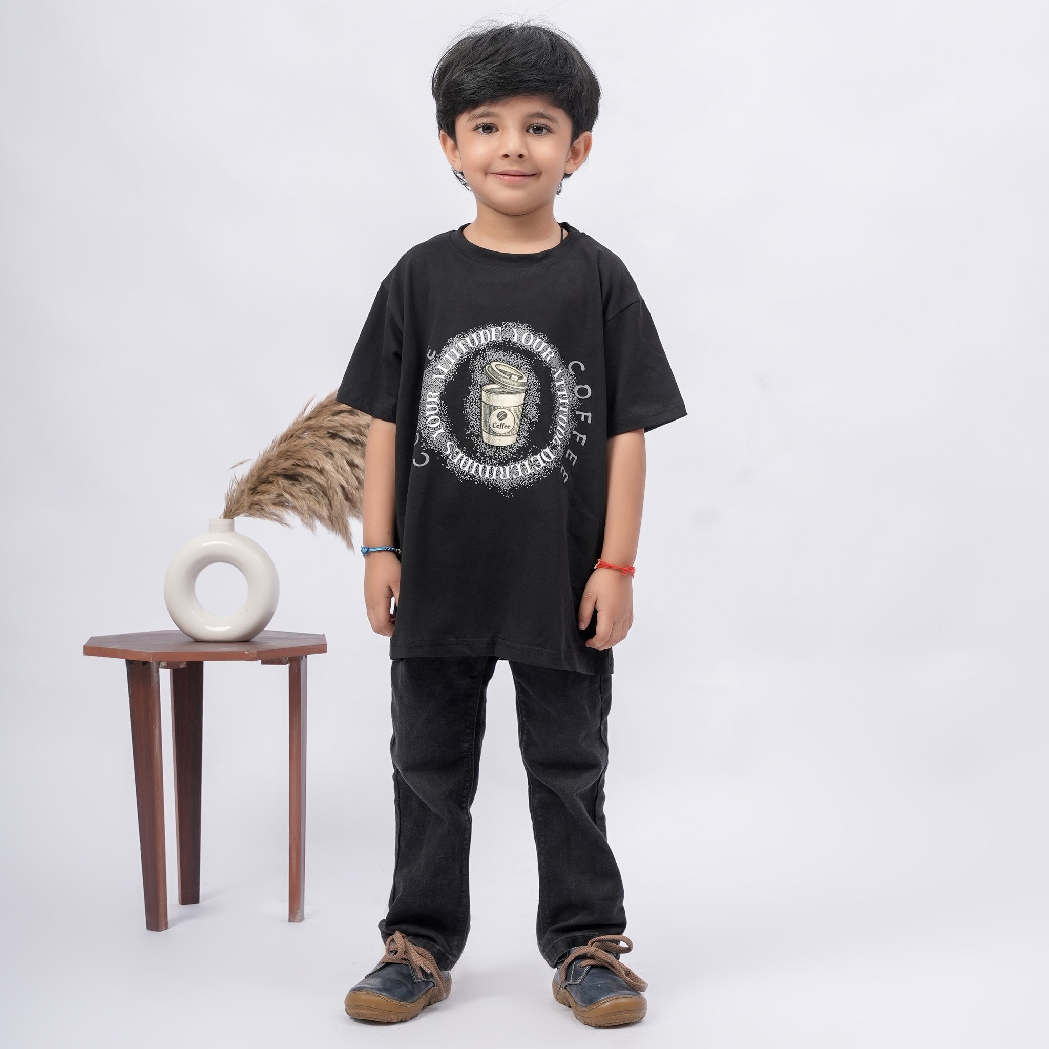 Coffee Print T-Shirt for Boys – White, Black & Grey