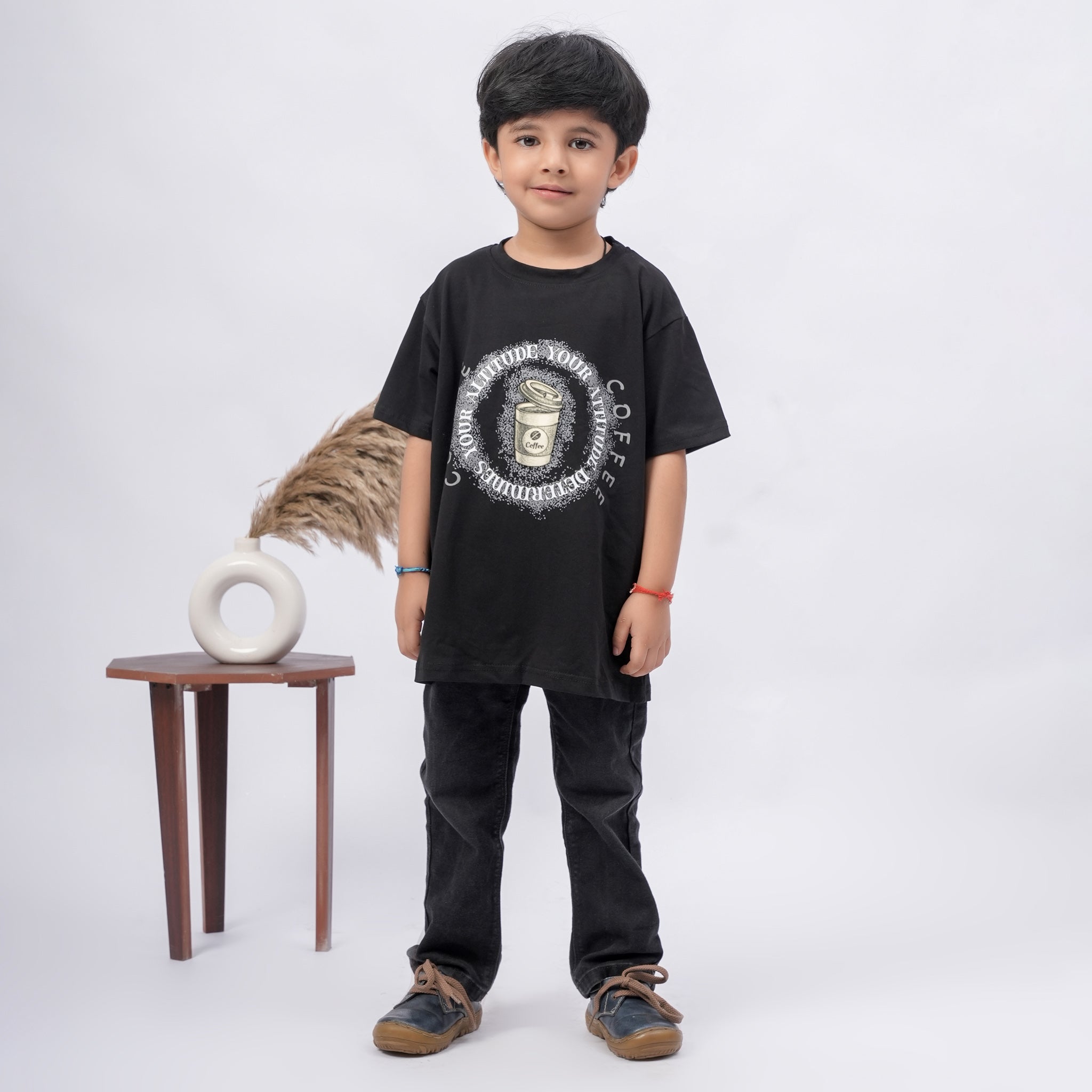 Coffee Print T-Shirt for Boys – White, Black & Grey