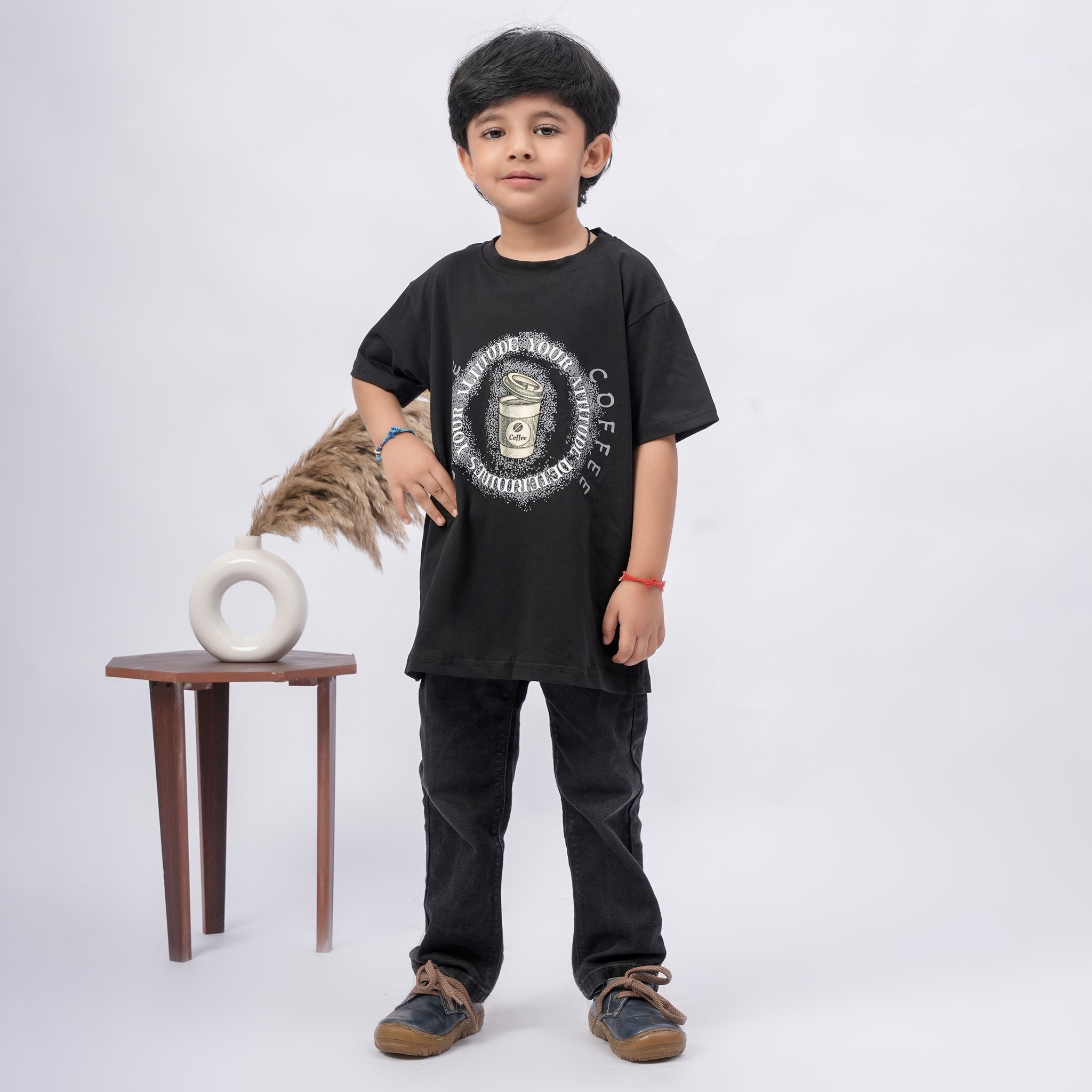 Coffee Print T-Shirt for Boys – White, Black & Grey
