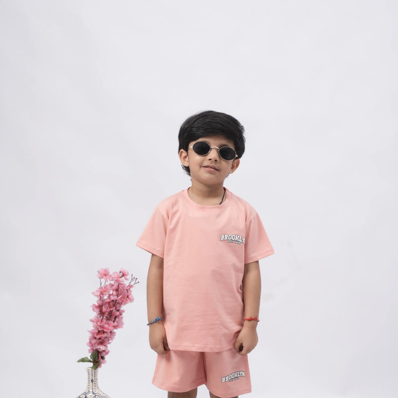 Brooklyn Boys’ Coord Set – Casual T-Shirt & Shorts (Black, Off White, Purple, Brown, Pink)