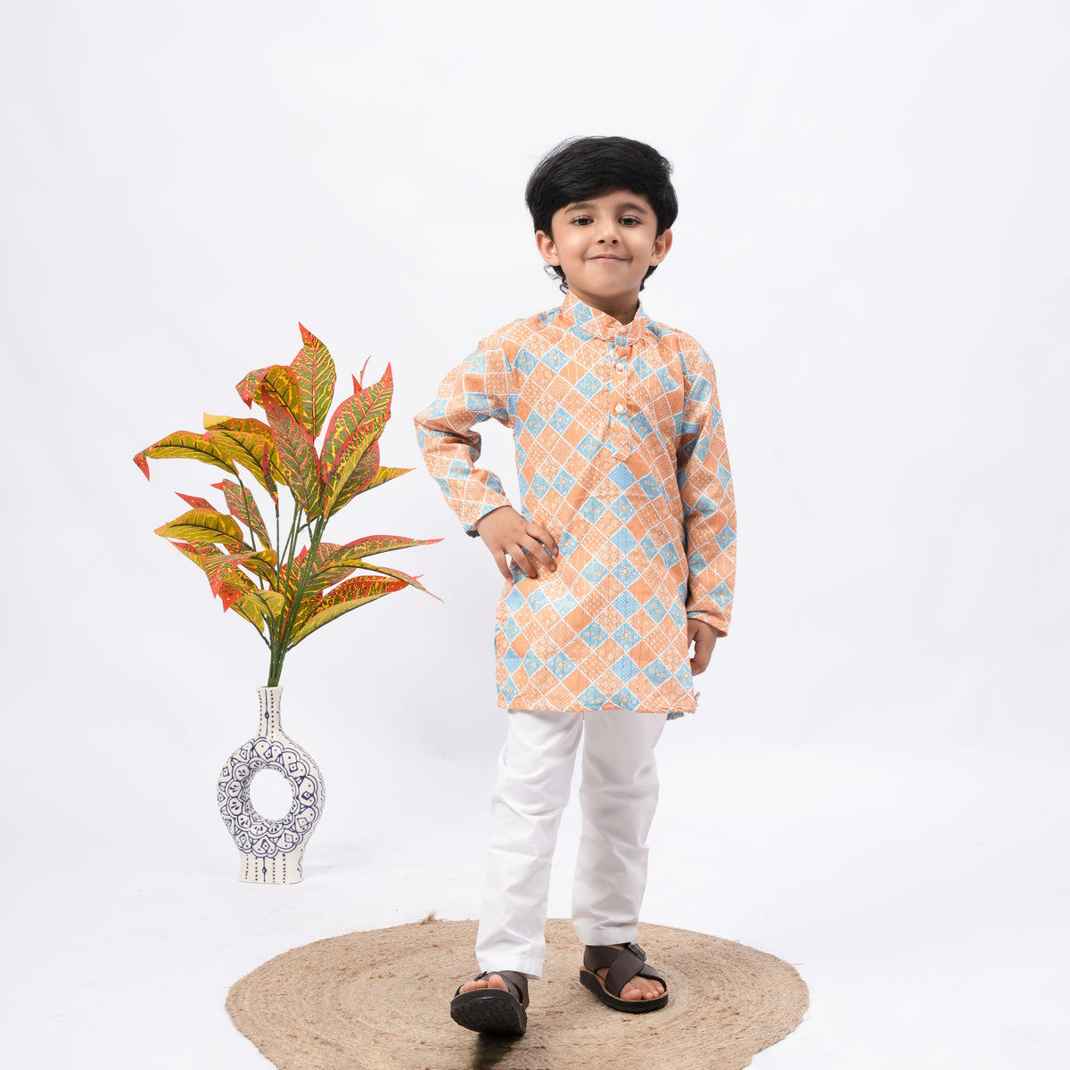 Boys Orange & Blue Printed Kurta Pajama Set – Kids Ethnic Wear - image 2