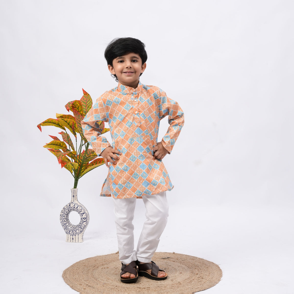Boys Orange & Blue Printed Kurta Pajama Set – Kids Ethnic Wear - image 1