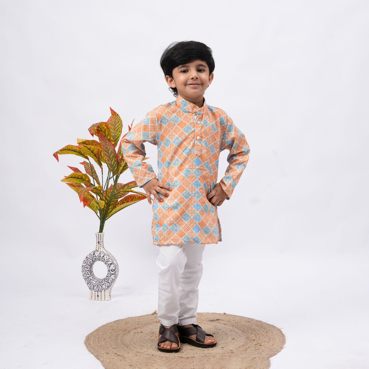 Boys Orange & Blue Printed Kurta Pajama Set – Kids Ethnic Wear - image 3