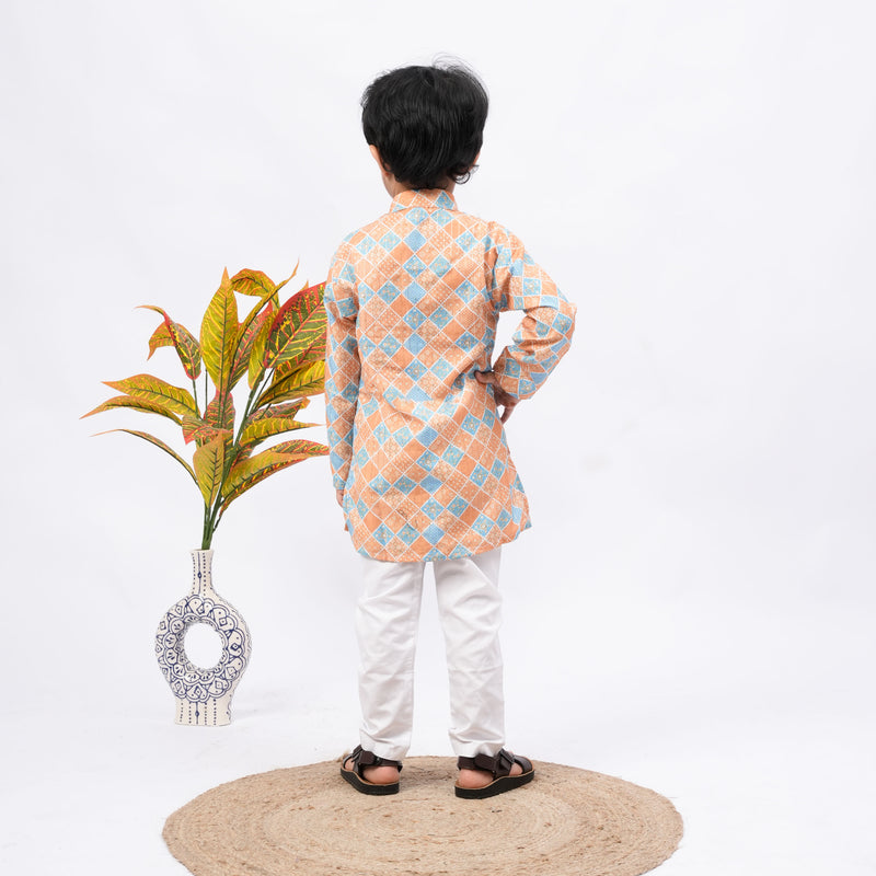 Boys Orange & Blue Printed Kurta Pajama Set – Kids Ethnic Wear