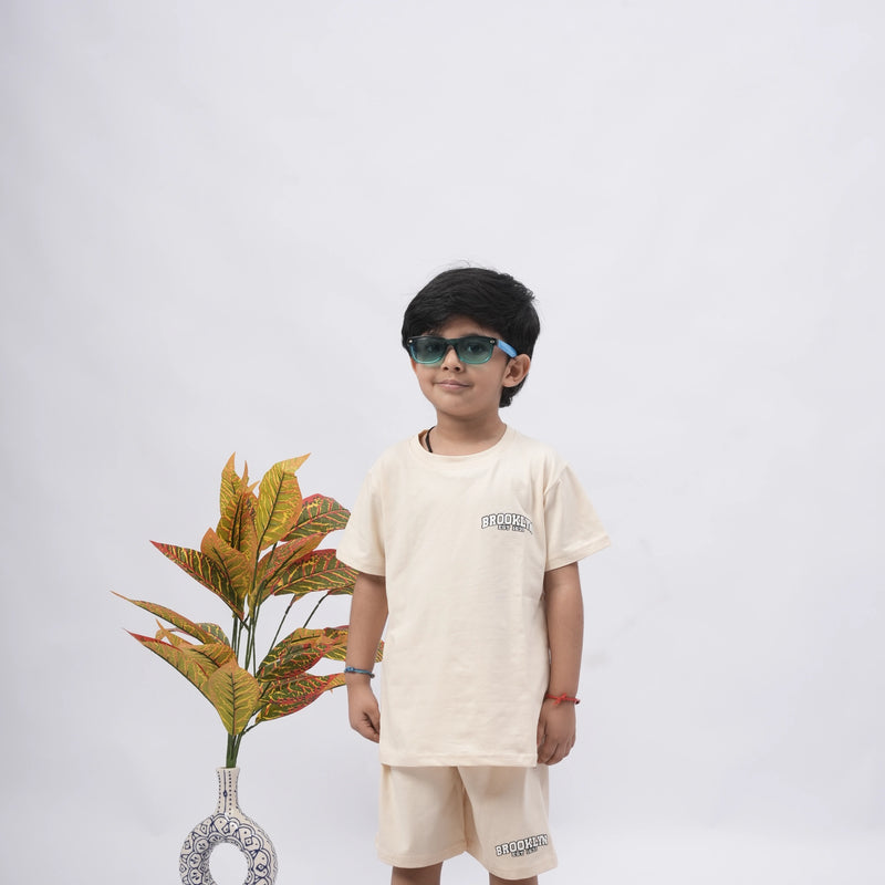 Brooklyn Boys’ Coord Set – Casual T-Shirt & Shorts (Black, Off White, Purple, Brown, Pink)