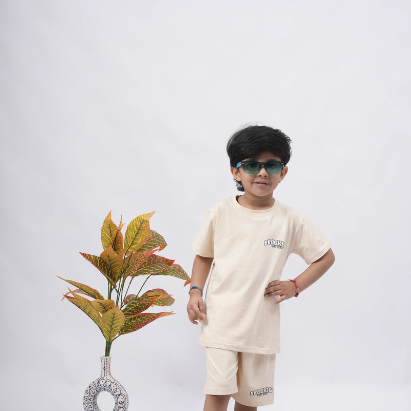Brooklyn Boys’ Coord Set – Casual T-Shirt & Shorts (Black, Off White, Purple, Brown, Pink)