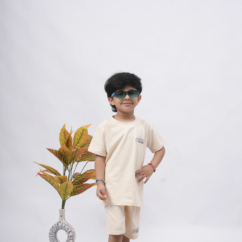 Brooklyn Boys’ Coord Set – Casual T-Shirt & Shorts (Black, Off White, Purple, Brown, Pink)