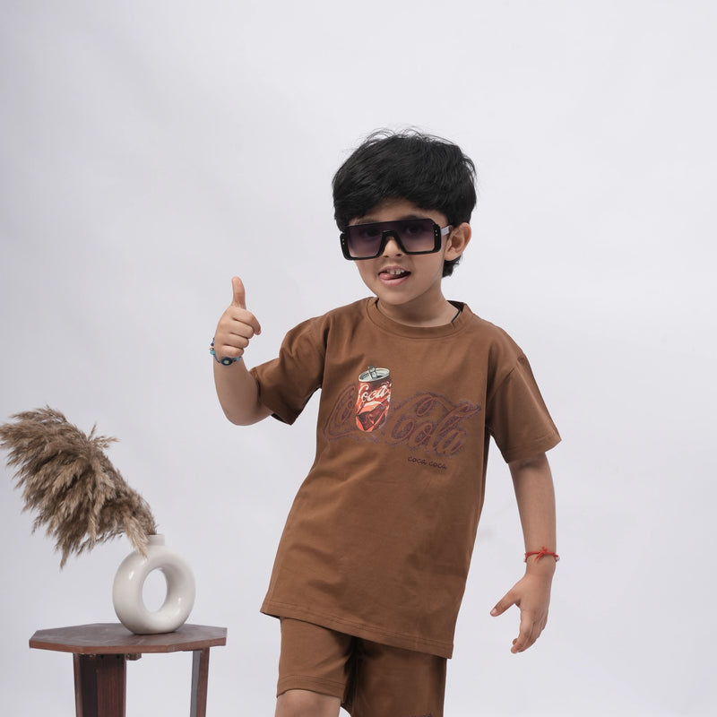 Coca-Cola Boys’ Coord Set – Graphic T-Shirt & Shorts (Black, Off White, Purple, Brown, Pink)