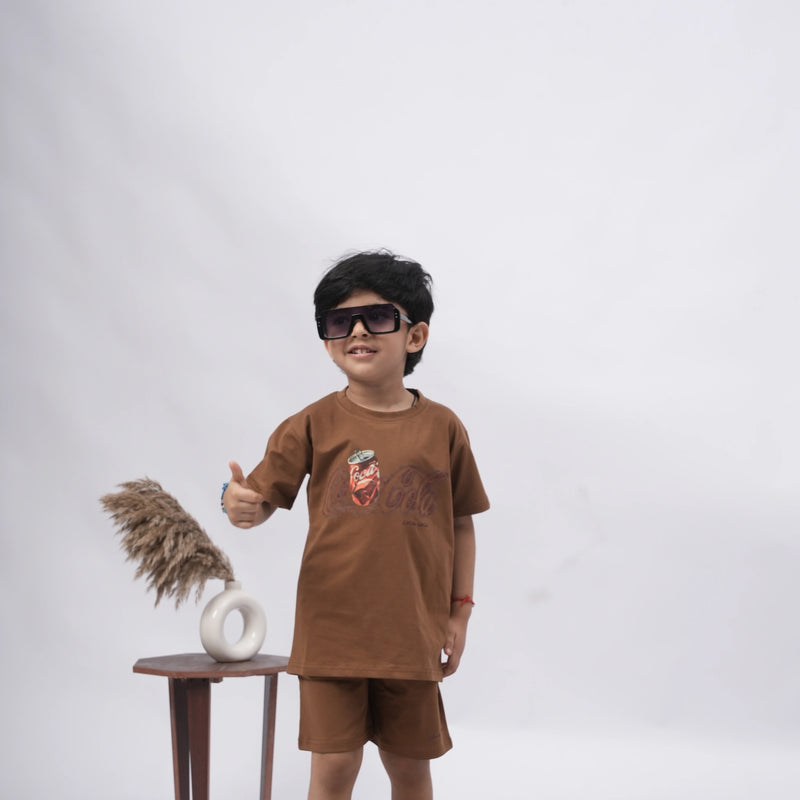 Coca-Cola Boys’ Coord Set – Graphic T-Shirt & Shorts (Black, Off White, Purple, Brown, Pink)