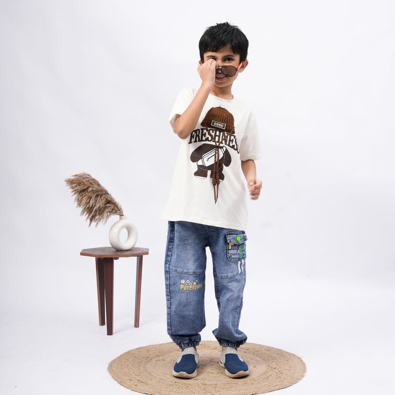 Freshness Bear Print T-Shirt for Boys – White, Black, Purple & Grey