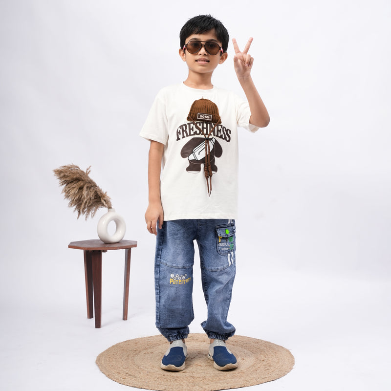 Freshness Bear Print T-Shirt for Boys – White, Black, Purple & Grey