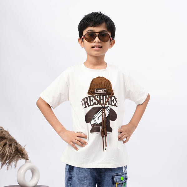 Freshness Bear Print T-Shirt for Boys – White, Black, Purple & Grey