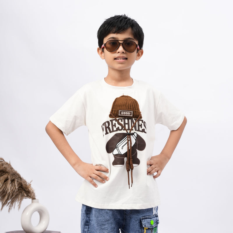 Freshness Bear Print T-Shirt for Boys – White, Black, Purple & Grey