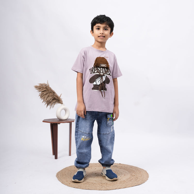 Freshness Bear Print T-Shirt for Boys – White, Black, Purple & Grey