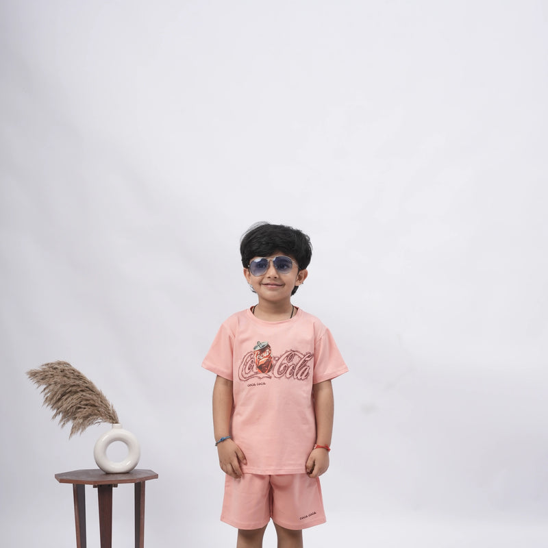 Coca-Cola Boys’ Coord Set – Graphic T-Shirt & Shorts (Black, Off White, Purple, Brown, Pink)