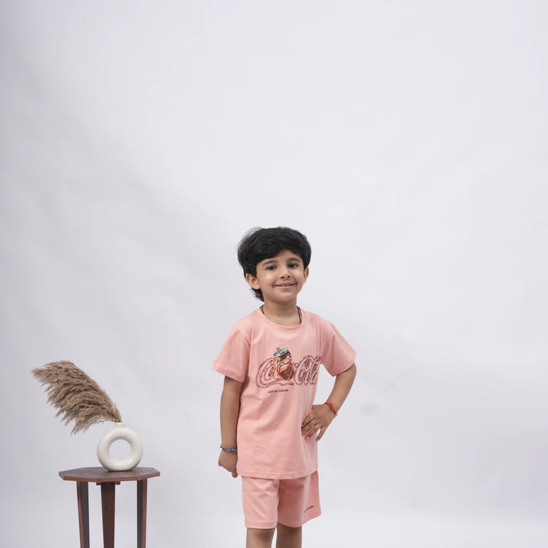 Coca-Cola Boys’ Coord Set – Graphic T-Shirt & Shorts (Black, Off White, Purple, Brown, Pink)