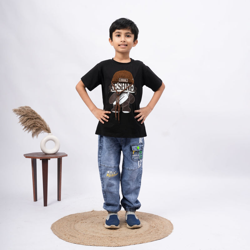 Freshness Bear Print T-Shirt for Boys – White, Black, Purple & Grey