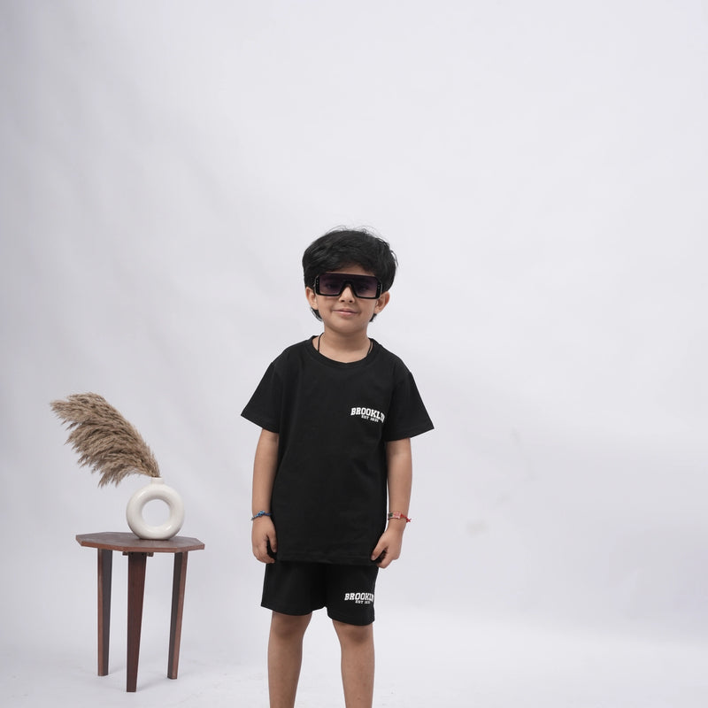 Brooklyn Boys’ Coord Set – Casual T-Shirt & Shorts (Black, Off White, Purple, Brown, Pink)