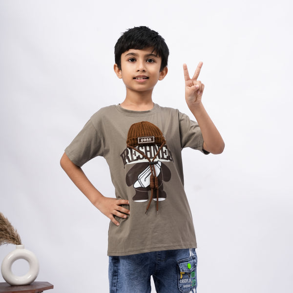 Freshness Bear Print T-Shirt for Boys – White, Black, Purple & Grey