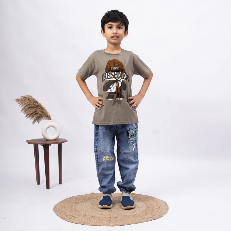 Freshness Bear Print T-Shirt for Boys – White, Black, Purple & Grey