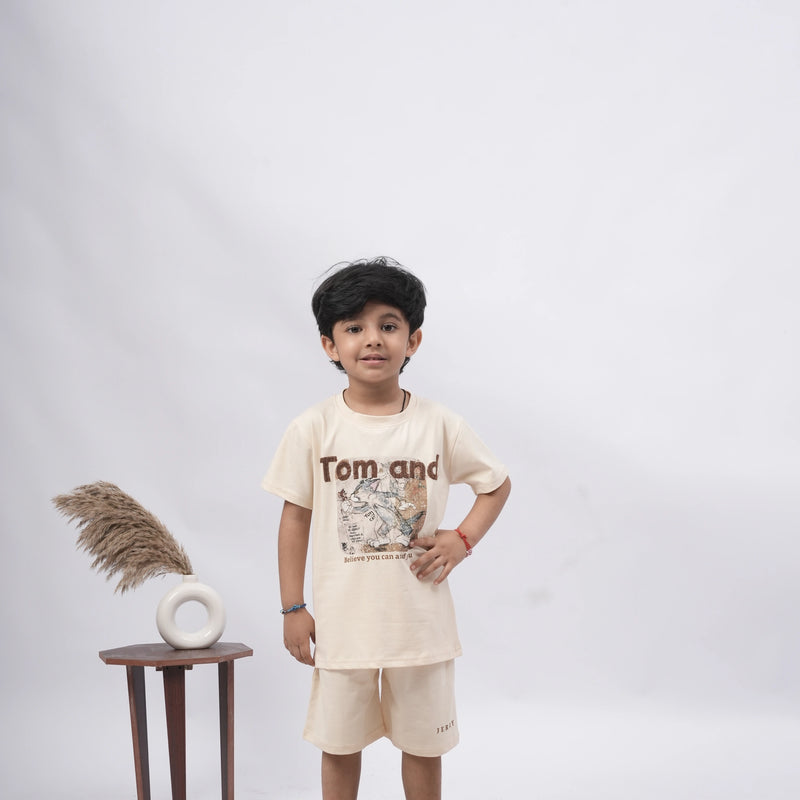 Tom & Jerry Boys’ Coord Set – Cartoon Print T-Shirt & Shorts (Black, Off White, Brown, Pink)