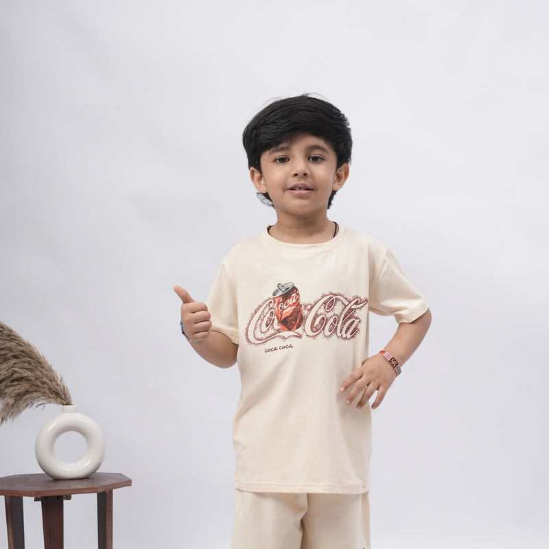 Coca-Cola Boys’ Coord Set – Graphic T-Shirt & Shorts (Black, Off White, Purple, Brown, Pink)