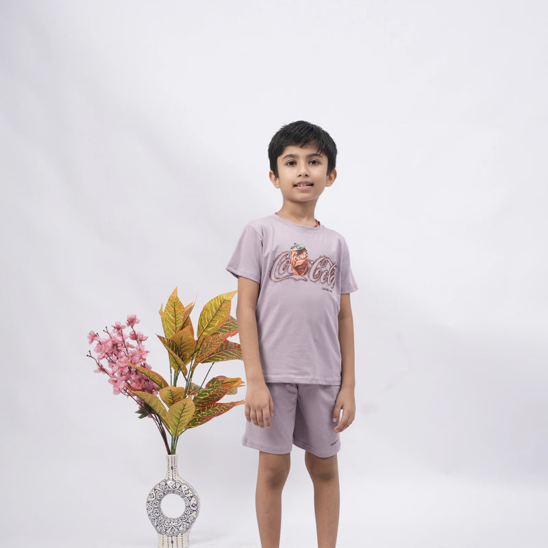 Coca-Cola Boys’ Coord Set – Graphic T-Shirt & Shorts (Black, Off White, Purple, Brown, Pink)
