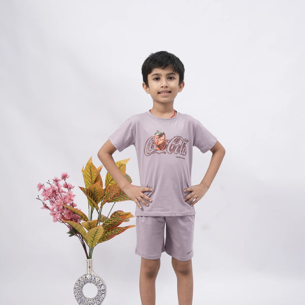 Coca-Cola Boys’ Coord Set – Graphic T-Shirt & Shorts (Black, Off White, Purple, Brown, Pink)